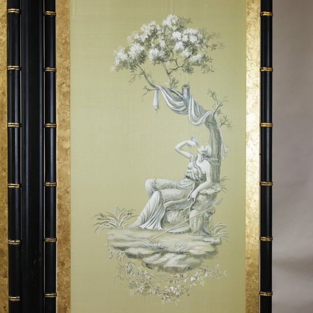 Vintage Neoclassical Four-Panel Folding Screen – Hand-Painted Silk With Faux Bamboo Frame For Sale - Image 10 of 15