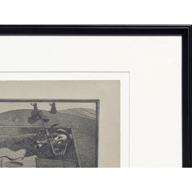 Black Lucas Johnson Modern Black & White Surrealist Etching of a Figure & Guitar in a Grave Ed. 4/15, 1978 For Sale - Image 8 of 12