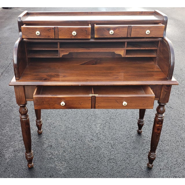 Ethan Allen Old Tavern Rolltop Pine Desk With Walnut Ladder Back and Rush Seat Chair Chairish
