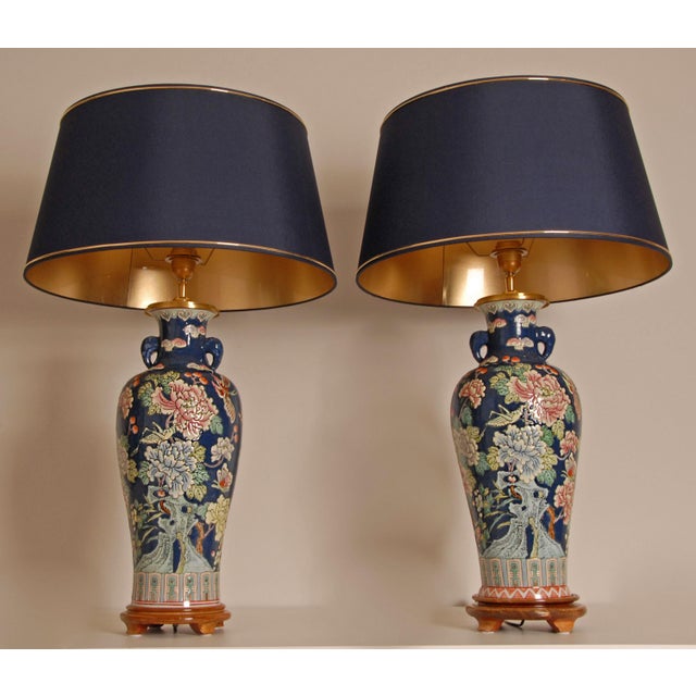 Chinese Famille Rose Vase Lamps Chinese Porcelain Blue Fond Oriental Table Lamps - A Pair For Sale - Image 3 of 14