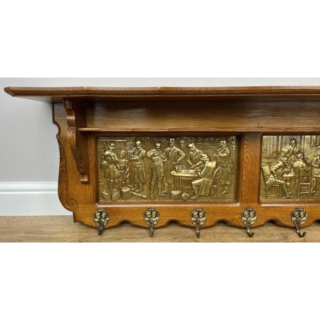 Vintage French Oak 7-Hook Coat Rack with Brass Panel For Sale - Image 4 of 10