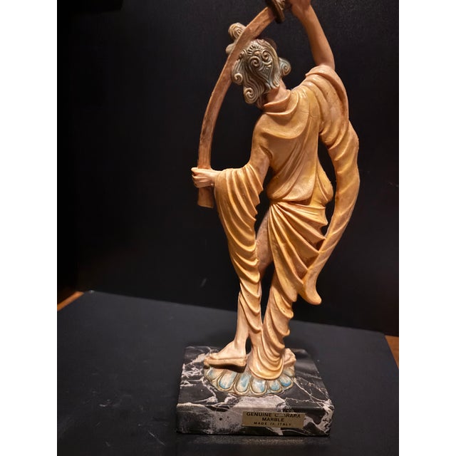 Vintage Italian Fontanini- Asian Warrior and Musician Figurine Set Mid-Century Hand-Painted Sculptures on Marble Bases For Sale - Image 4 of 12