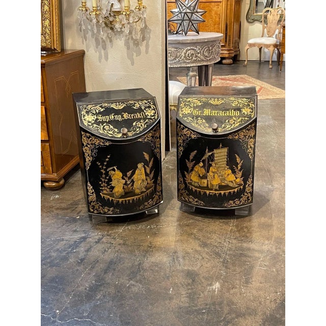 Very unique pair of vintage English painted Tole tea can side tables with Chinoiserie design. Beautiful Asian images make...