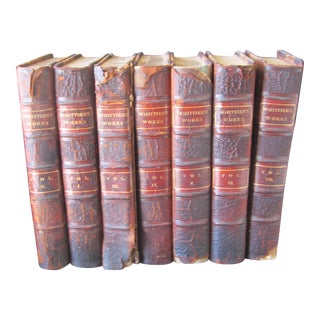 Antique 1892 Whittier's Works Set of 7 Leather Books by John Greenleaf Whitter For Sale