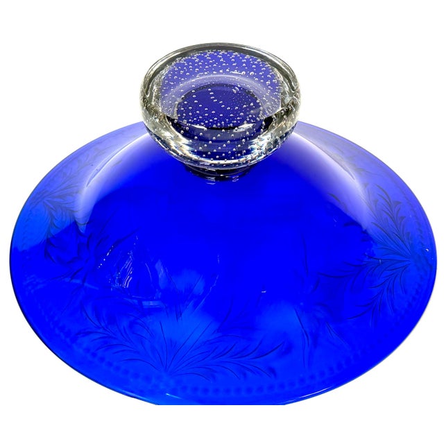 Pairpoint Cobalt Blue Engraved Floral Center Bowl Controlled Bubble Pedestal For Sale - Image 14 of 14