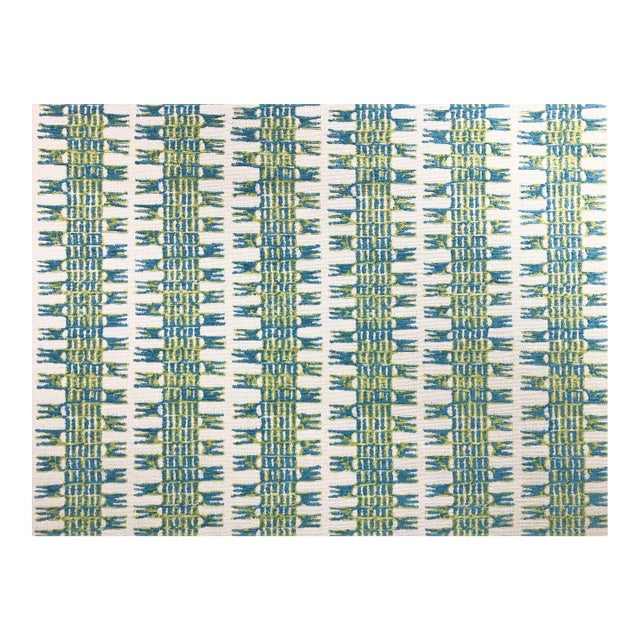 Designer Water & Stain Resistant Turquoise Blue Lime Green Ivory Abstract Ethnic Upholstery Fabric For Sale