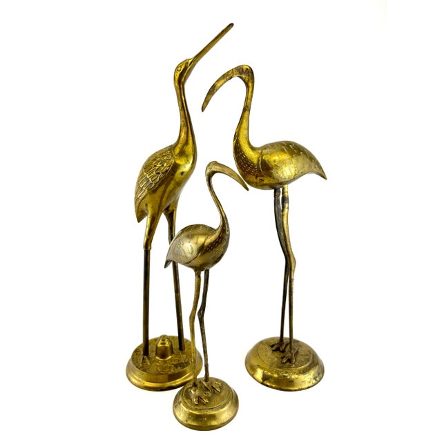 Metal Vintage Mid Century Tall 19-Inch Brass Crane Sculptures, Set of 3 For Sale - Image 7 of 12