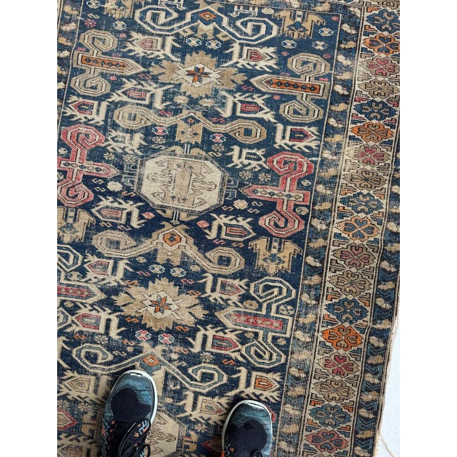 Early 20th Century Early 20th Century Distressed Caucasian Perpedil Navy Rug 3.8 x 4.8 For Sale - Image 5 of 11