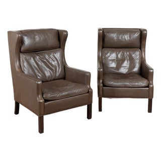Pair of Mid Century Danish Brown Leather Wingback Club Chairs For Sale