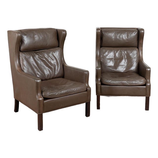Pair of Mid Century Danish Brown Leather Wingback Club Chairs For Sale