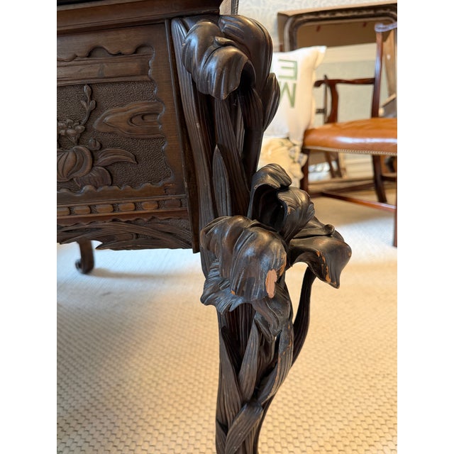 Art Nouveau Antique French Art Nouveau Hand-Carved Walnut Writing Desk With Iris & Dragonfly Motifs For Sale - Image 3 of 6