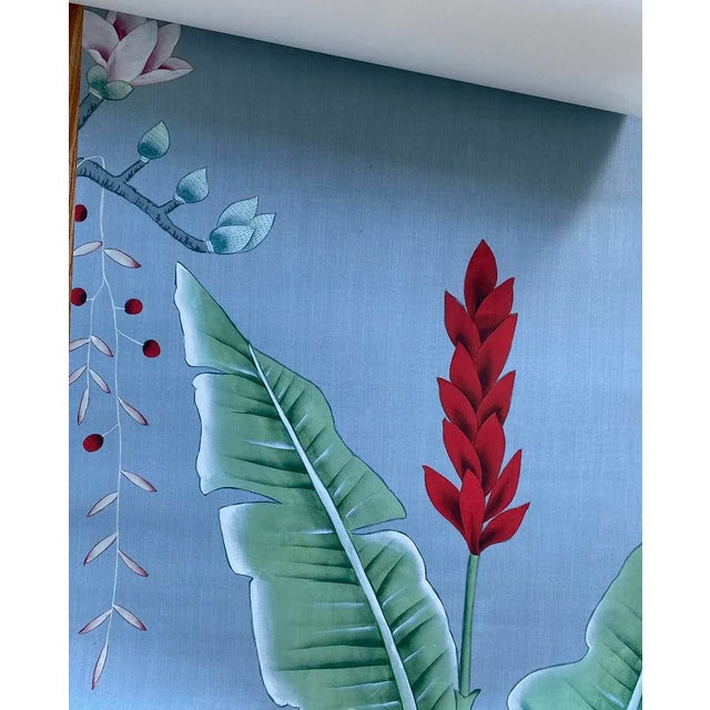 Chinoiserie Birds Awakening Garden on Blue Wallpaper Mural - Set of 7 For Sale - Image 3 of 11