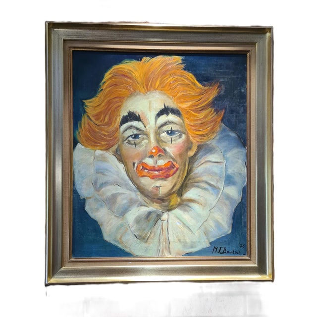 Marie-Jeanne Bouduin, An Expressive Portrait of a Clown, 1976, Canvas For Sale - Image 9 of 9