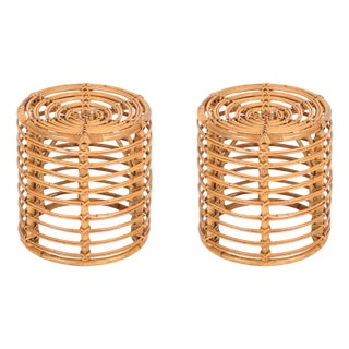 Mid-Century Modern Italian Rattan and Bamboo Stools by Tito Agnoli, 1960, Set of 2 For Sale