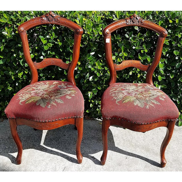 Brown Late 19th Century American Victorian Needlepoint Parlor Side Chairs- a Pair For Sale - Image 8 of 9