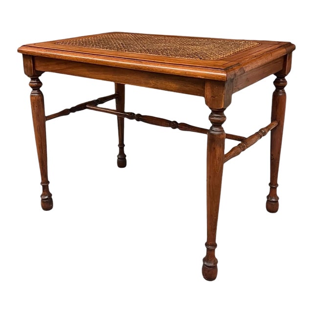 1970s Vintage Traditional Wooden Accent Table or Decorative Bench With Turned Legs and Supports and Caned Top For Sale