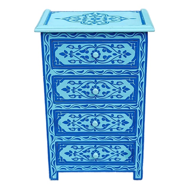 Hand‑Painted Moroccan Nightstand / Blue Zoua9 Woodwork For Sale