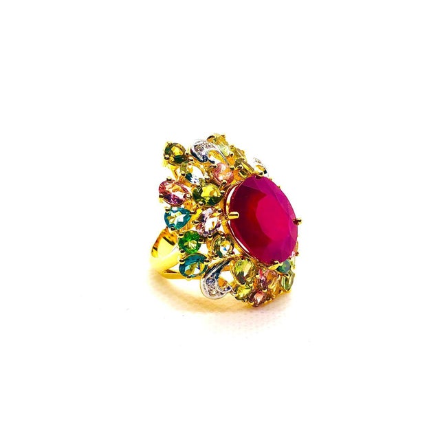 Ruby Red Bochic “Capri” Vintage Ruby, Multi Sapphire & Diamond Ring Set In 18K Gold & Silver For Sale - Image 8 of 11