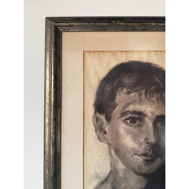 Vintage Expressive Male Portrait Oil Pastel on Paper, Framed Under Glass For Sale In Miami - Image 6 of 12