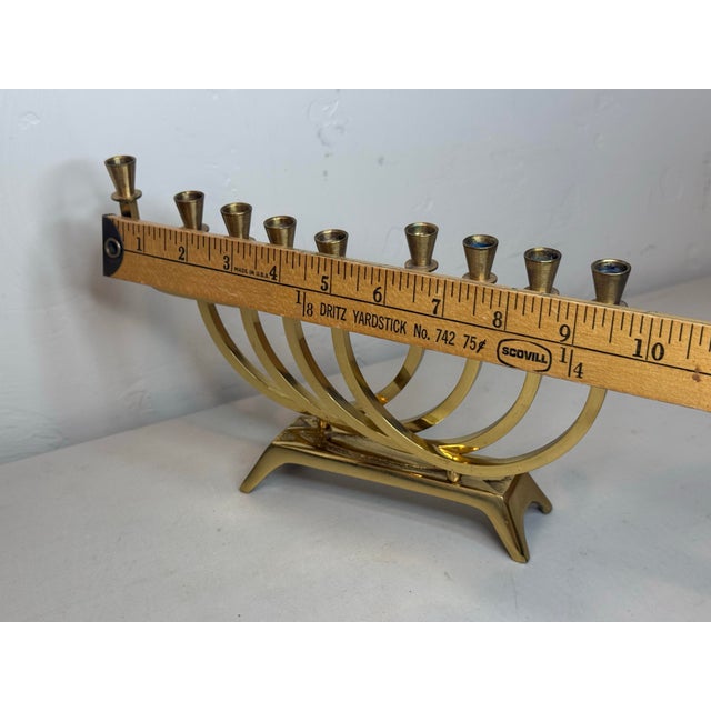 Mid-Century Modern Vintage Wainberg Israel Brass Hanukkah Menorah Mid Century Modern 9 Arm For Sale - Image 3 of 9