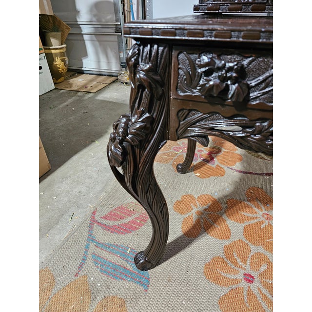 Antique Japanese Meiji Mt. Fuji Dragon Carved Desk & Chair Set of 2 For Sale - Image 16 of 18