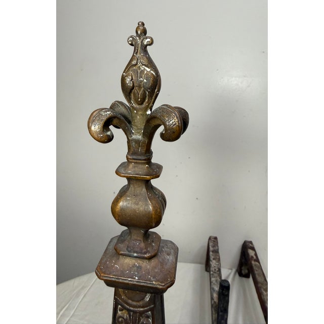 Large Pair of Antique Ornate Victorian Bronze Dolphin Cherub Fireplace Andirons For Sale - Image 10 of 14