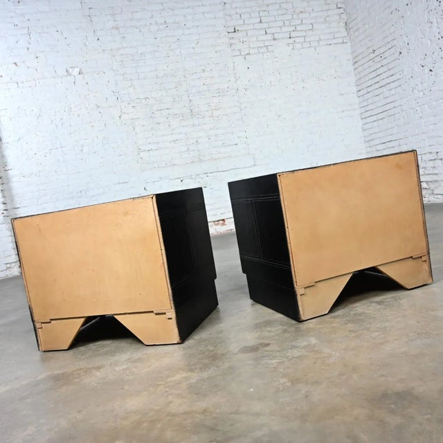 Late 20th Century Modern Campaign Style Black Espresso Dyed Leather Covered End Tables Nightstands or Cabinets a Pair For Sale - Image 6 of 12