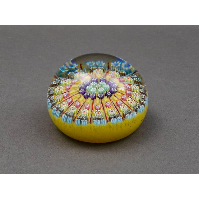 Perthshire Scotland Millefiori 16 Spoke Radial Twist Art Glass Paperweight. Measures approximately 3" diameter, 2 1/4" high.