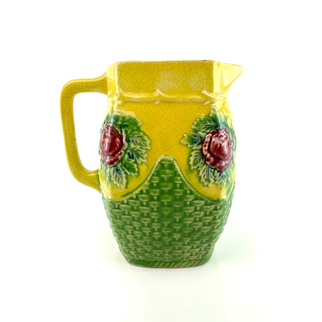 Ceramic Vintage Japanese Majolica Style Strawberry Pitcher With Basketweave Base For Sale - Image 7 of 12