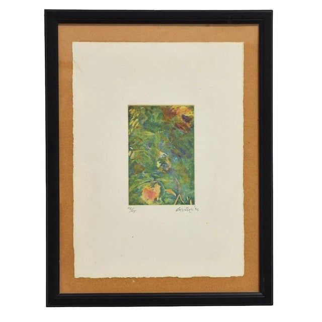 Image dimensions: 14.7 x 10 cm. Green Composition is an original mixed colored etching realized by Nino Cordio in 1995....