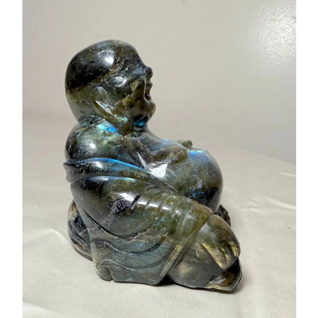 Gemstone Vintage Hand Carved Natural Labradorite Crystal Stone Buddha Sculpture Statue For Sale - Image 7 of 15