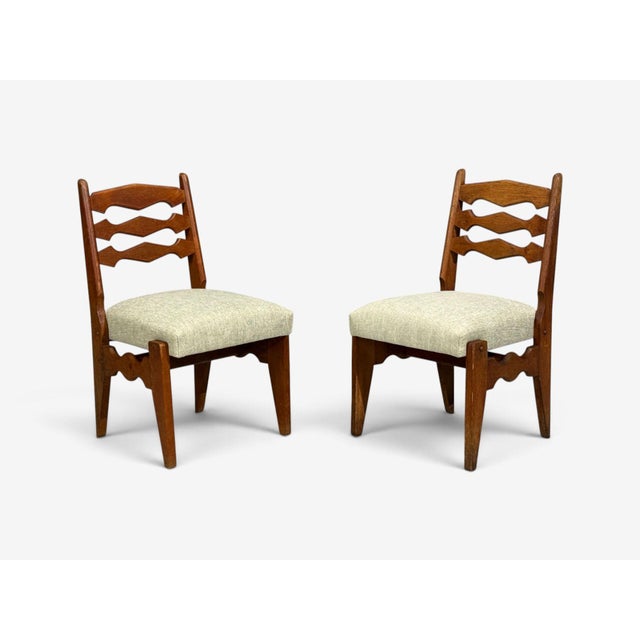 1950s Guillerme & Chambron, Dining Chairs, Oak, Green Fabric, France, 1950s For Sale - Image 5 of 11