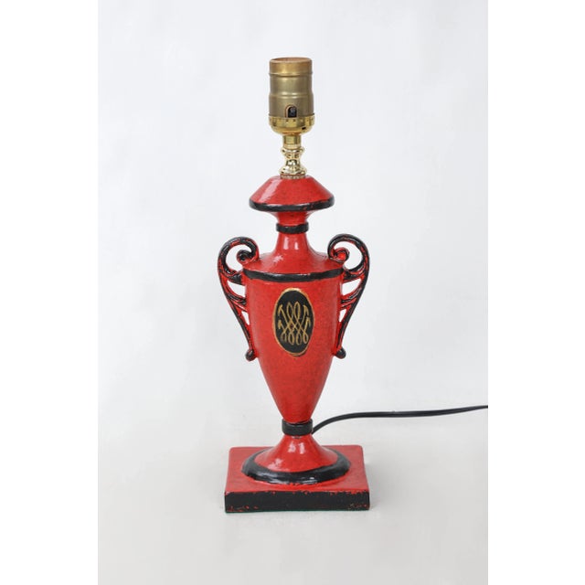 Metal Vintage Red Urn Lamp With Duke & Duchess of Windsor Gold Accent Cypher For Sale - Image 7 of 7