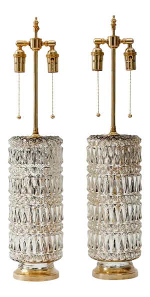 1960s Hollywood Regency Mercury Glass Diamond Pattern Lamps - A Pair