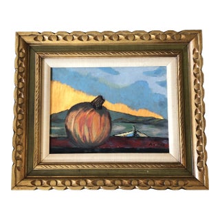Vintage Mid Century Modernist Abstract Landscape With Pumpkin & Figure Signed Carved Wood Frame For Sale