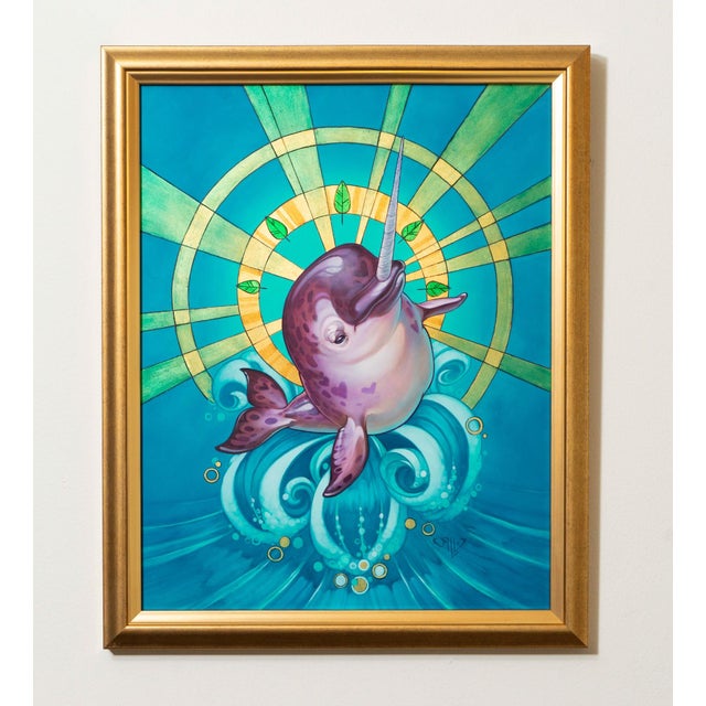 This artwork features a whimsical narwhal emerging from vibrant waves, set against a striking turquoise background. The...