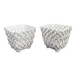1980s French Country White Ceramic Woven Rope Cachepot Baskets, a Pair For Sale