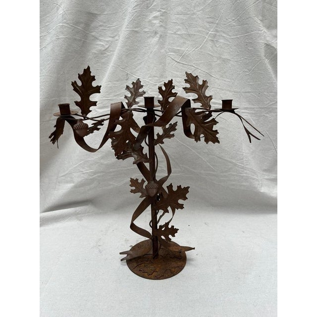 Farmhouse Oak Leaves and Acorns Metal Candelabra For Sale - Image 3 of 9
