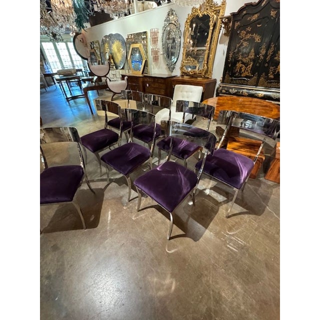 Set of MCM Chrome Klismos Chairs With Purple Velvet For Sale - Image 4 of 8