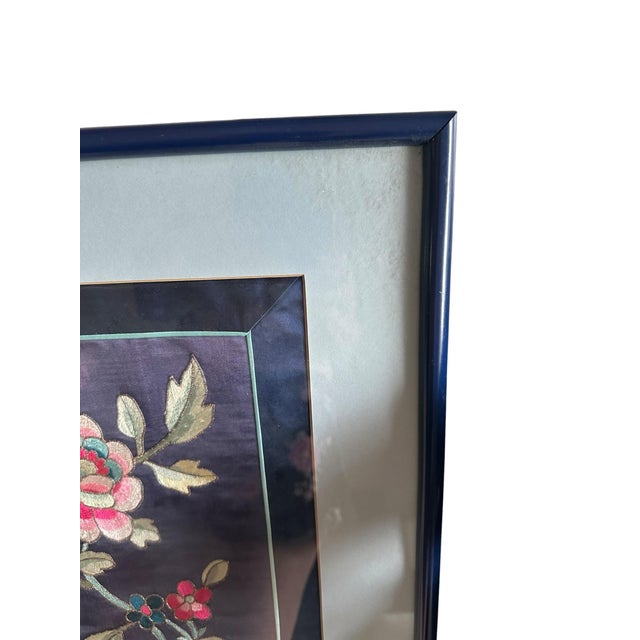 Mid 20th Century Vintage Asian Silk Embroidery Framed Floral Textile Art Peony on Silk Chinoiserie For Sale - Image 5 of 10