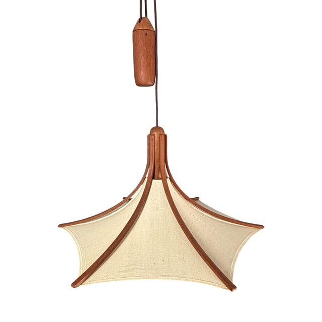 Teak and Linen Umbrella Pendant Lamp attributed to Domus, 1970s For Sale