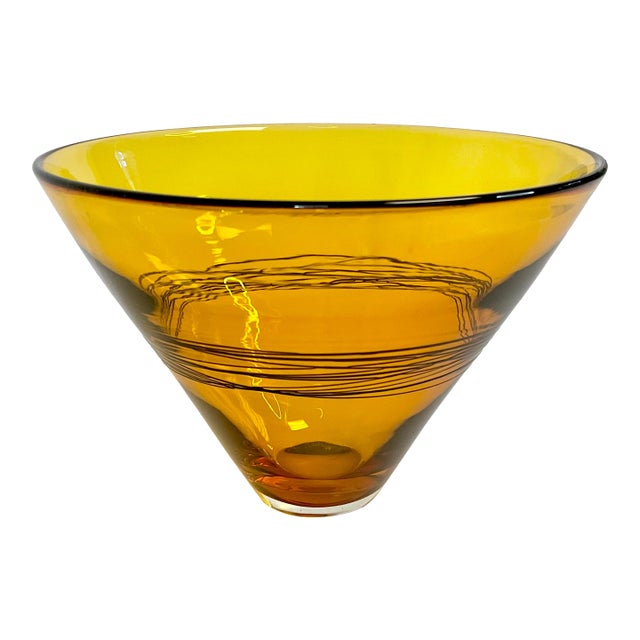 2005 Contemporary Handblown Glass Bowl With Black Spun Accent, Artist Signed, After Murano For Sale