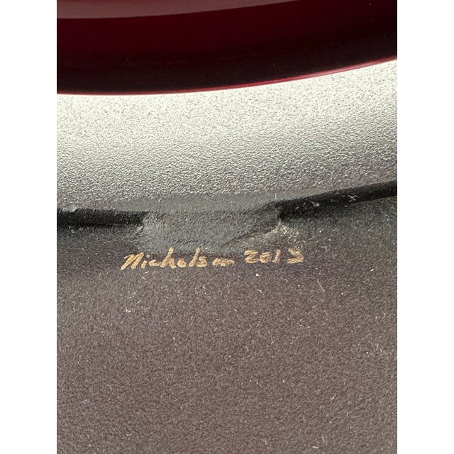 Metal Garnet Art Glass Sculpture on Black Metal Stand, Hand-Blown by Rick & Janet Nicholson, Signed & Dated 2013 For Sale - Image 7 of 9