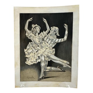 1940s Original Signed Graphite Illustration of Harlequin and Ballerina Dancers, 9.25 X 7.25 In. For Sale