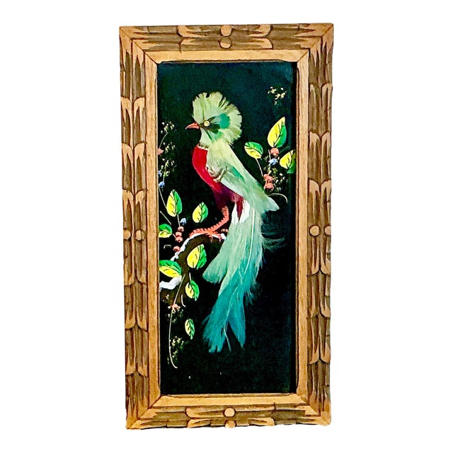 1950s Vintage Mexican Folk Art Original Feather Bird Mixed Media Painting. For Sale