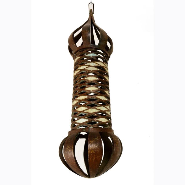 Pepe Mendoza 1950s Pepe Mendoza Sculptural Pendant Lamps Bronze and Malachite Mexico For Sale - Image 4 of 5