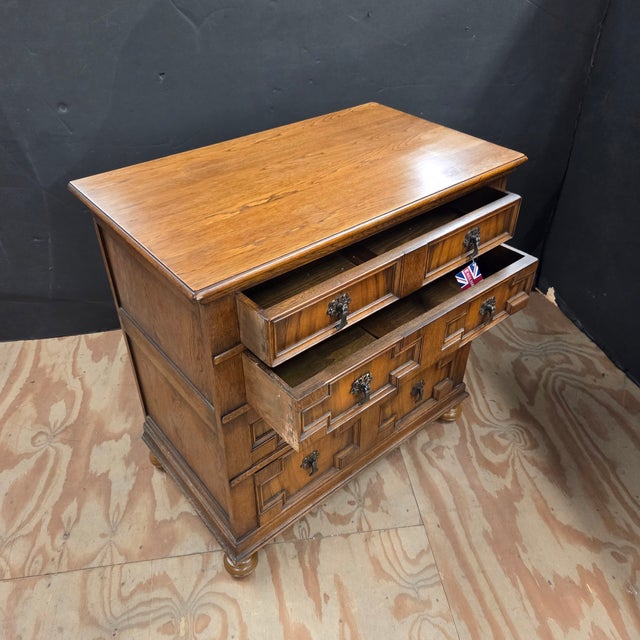 Late 19th Century Late 19th Century Golden Oak 5 Drawer Geometric Patterned Chest of Drawers on Bun Feet For Sale - Image 5 of 14