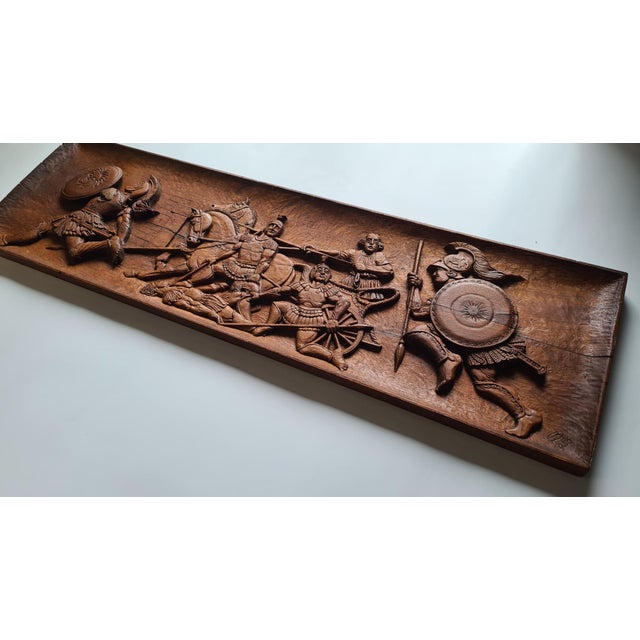 Wood Large Hand-Carved Wooden Relief with The Walls of Troy Motif, Germany, 1956 For Sale - Image 7 of 15