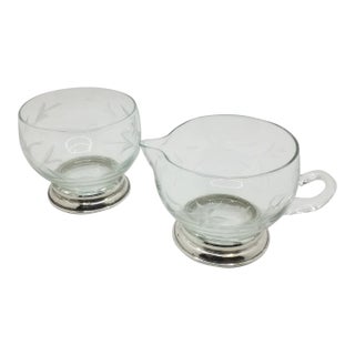 1950s Sterling Footed Etched Glass Cream & Sugar - 2 Pieces For Sale
