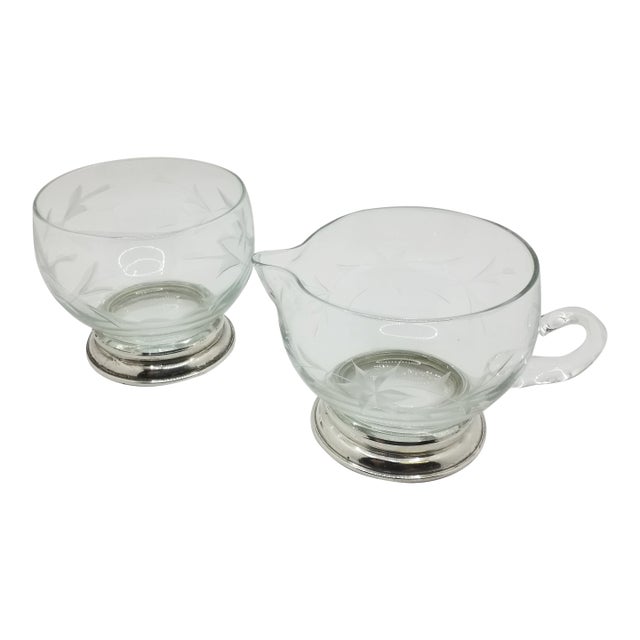 1950s Sterling Footed Etched Glass Cream & Sugar - 2 Pieces For Sale